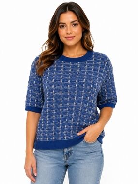Women's Blue Short-Sleeve Crewneck Knit Sweater